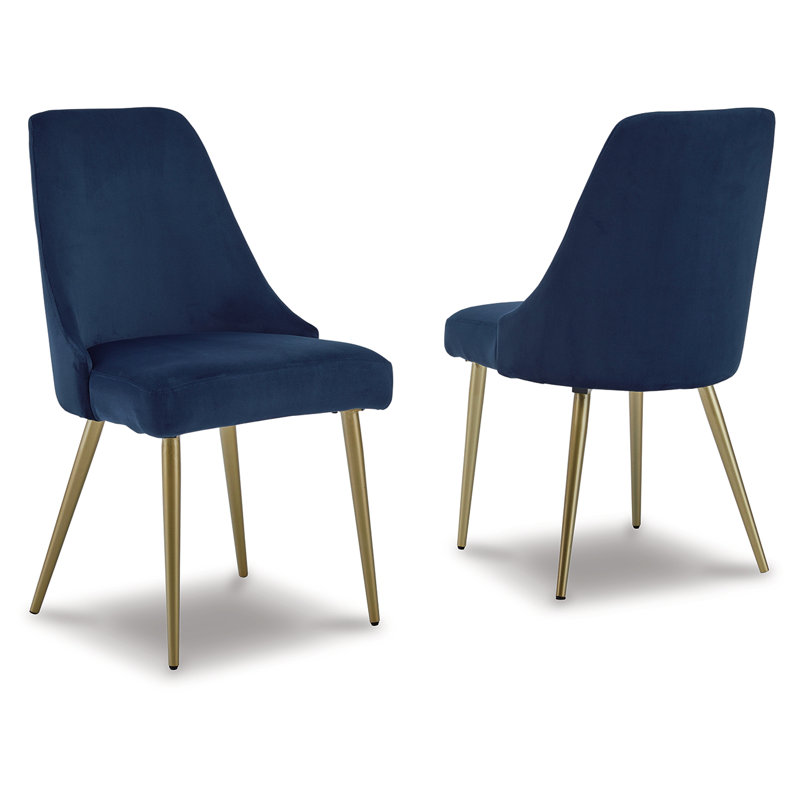Blue Velvet Upholstered Dining Chair with Gold Metal Legs, Set of 2
