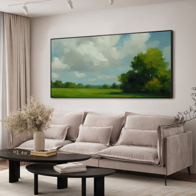 Très grande impression d'art mural campagne tranquille - ciel bleu et fond vert luxuriant pour décor de maison de campagne moderne, très grande impression murale encadrée