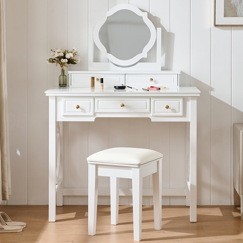 Coiffeuse compacte avec miroir réversible, coiffeuse avec tabouret, coiffeuse compacte pour petits espaces