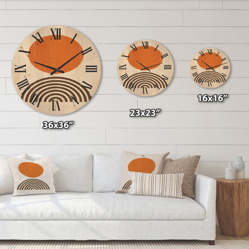 Horloge murale en bois abstrait abstrait soleil et arc-en-ciel I, Très grand