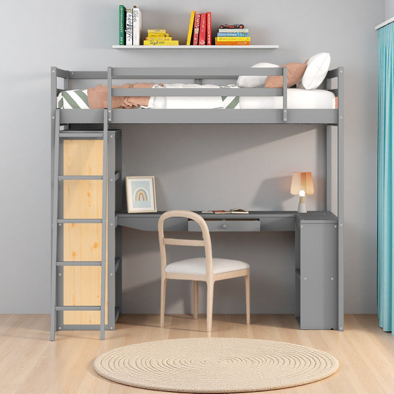 Lit mezzanine avec échelle, tablettes et bureau, Gris