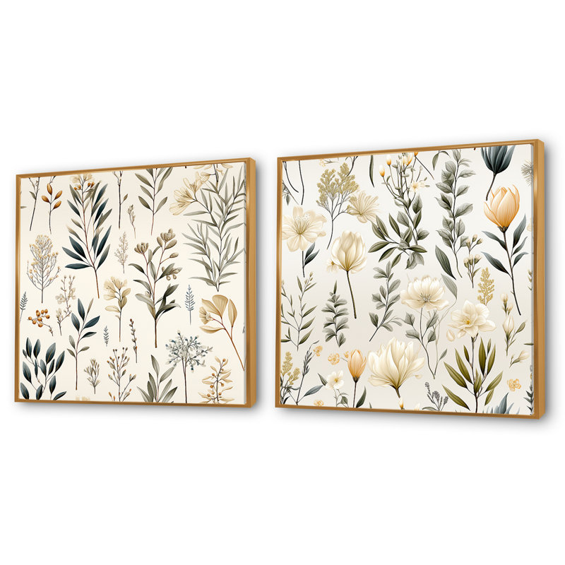 Wincanton - Ensemble de 2 collages carrés floral et botanique, Cadre flottant doré, H 36 po x l 73 po
