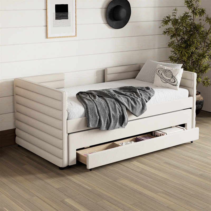 Tufted Upholstered Twin Daybed with Twin Trundle and Drawers, Beige