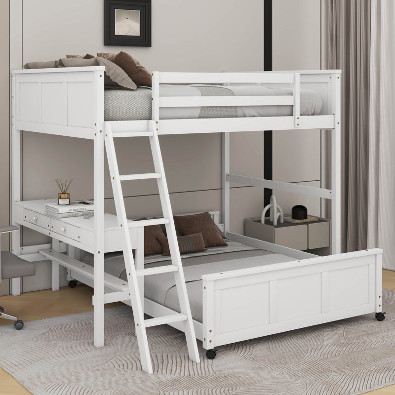 Lit double superposé au dessus d'un lit double avec bureau, Blanc