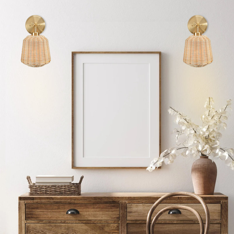 1 - Light Rattan Shade Elegant Brass Dimmable Swing Arm Wall Sconce
