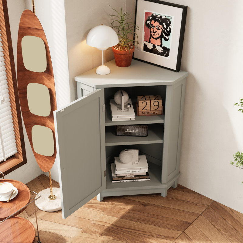 Modern Triangle Corner Storage Cabinet With Adjustable Shelves, Gray