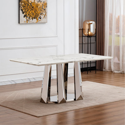Table de salle à manger en marbre pour 6 personnes, table de salle à manger rectangulaire en faux marbre 70 po avec base en acier inoxydable à finition miroir, table de cuisine moderne en marbre de grande taille (table seulement)