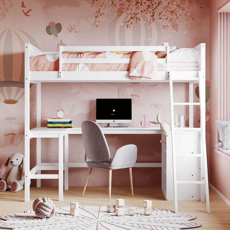 Lit mezzanine avec tablettes et bureau, Lit simple, Blanc