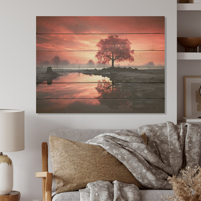 «Silk Raspberry Tree Reverie Landscape I», art mural sur bois de pin naturel, H 30 po x l 40 po