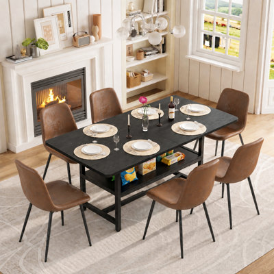 71" Modern Rectangular Dining Table Set for 6-8 with Upholstered Chairs and Storage Shelf