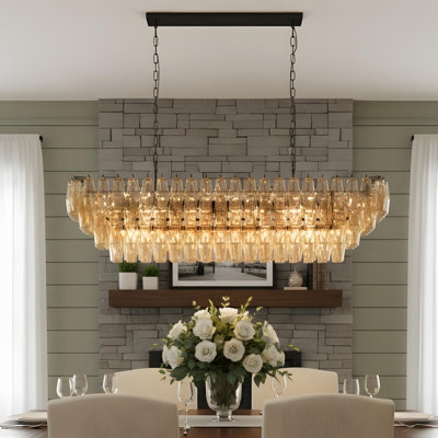 Lustre rectangulaire noir de 54 pouces pour salle à manger, grand luminaire suspendu en verre fumé à 4 niveaux à 12 lumières, îlot de cuisine moderne de style campagnard convenant au vestibule du salon (ampoules non incluses)
