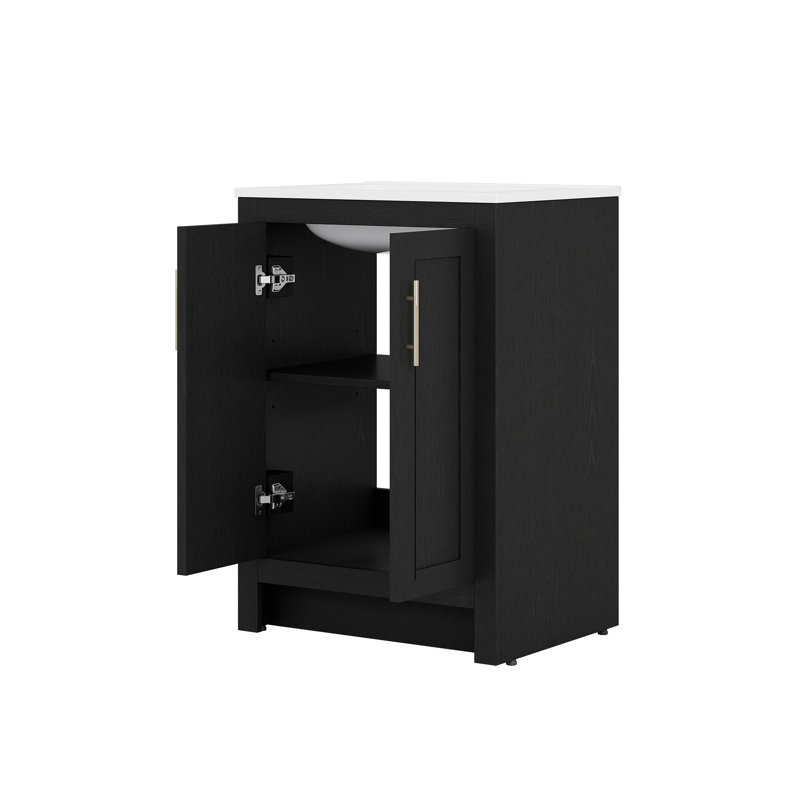 Ensemble de meuble-lavabo simple 24 po avec lavabo en céramique, noir, bois massif, Noir, 24"