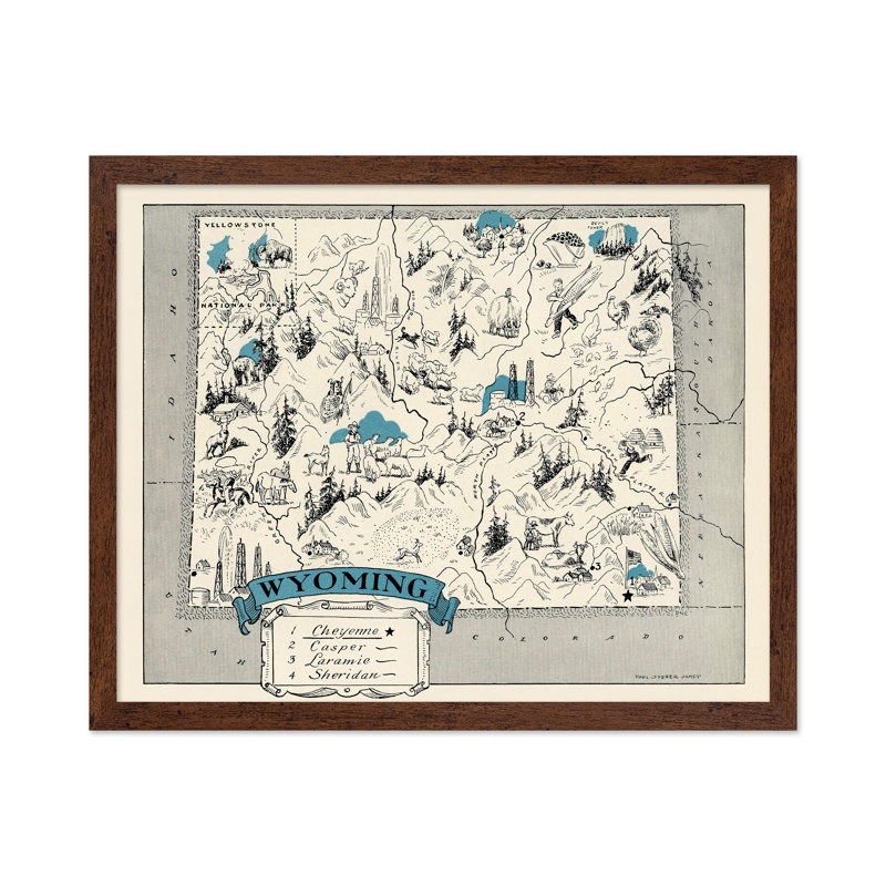 Carte illustrée du Wyoming, Affiche, H 08 po x l 10 po, Encadrement brun