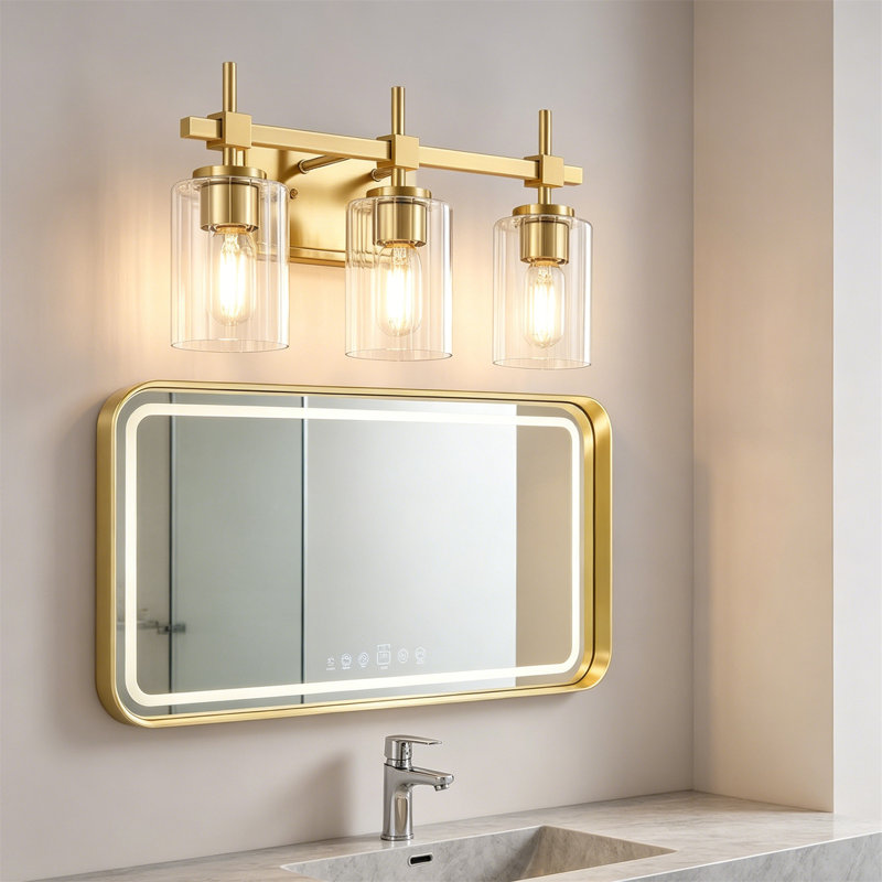 3-Lights Bathroom Vanity Lights with Clear Textured Glass Shades, Gold