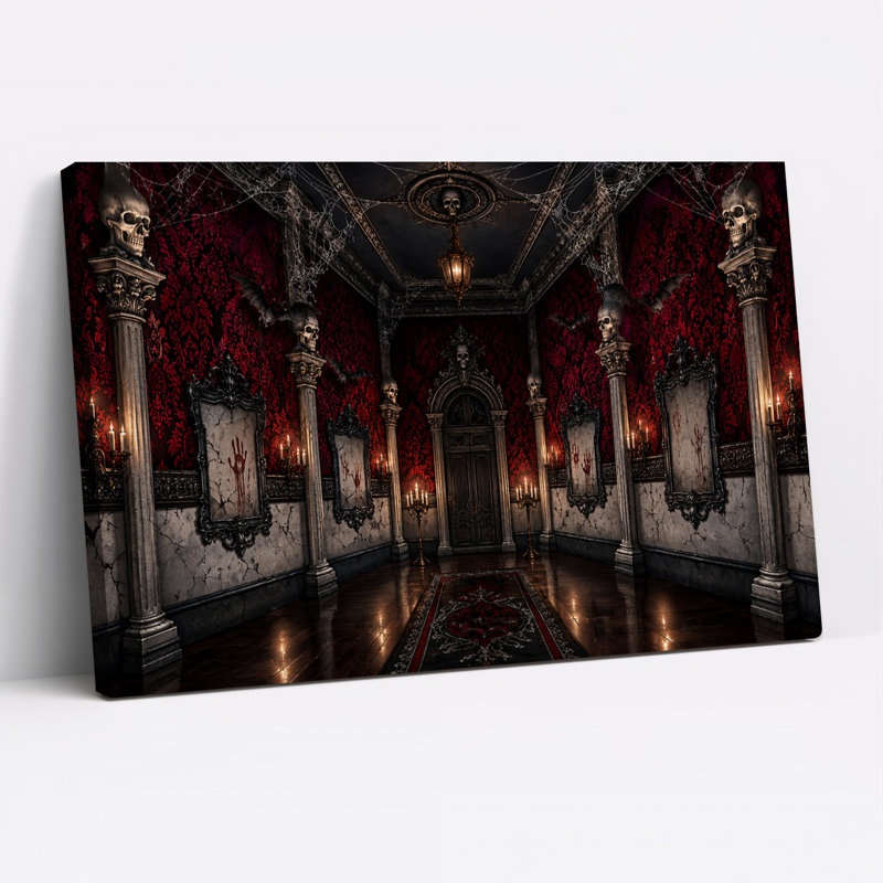 Art mural sur toile, hall d'entrée gothique avec piliers de crâne et rouge d'Halloween, H 12 po x l 18 po