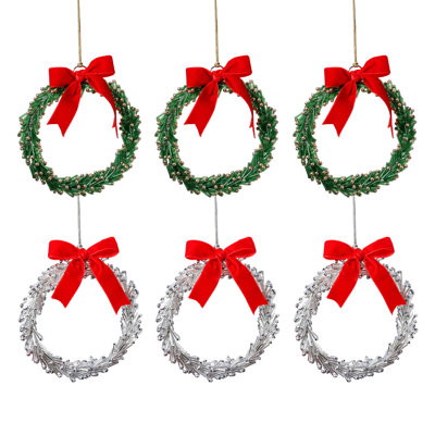 Couronnes de Noël festives en verre perlé avec ruban, 2 modèles assortis, ensemble de 6