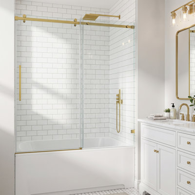 Porte de douche coulissante simple sans cadre, verre trempé de 10 mm (3/8 po) avec pellicule anti-éclats, roulettes silencieuses en acier inoxydable