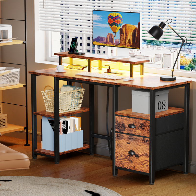 Computer Desk With Led Lights And Power Outlets, Gaming Desk With Monitor Stand,Home Office Writing Desk With Storage