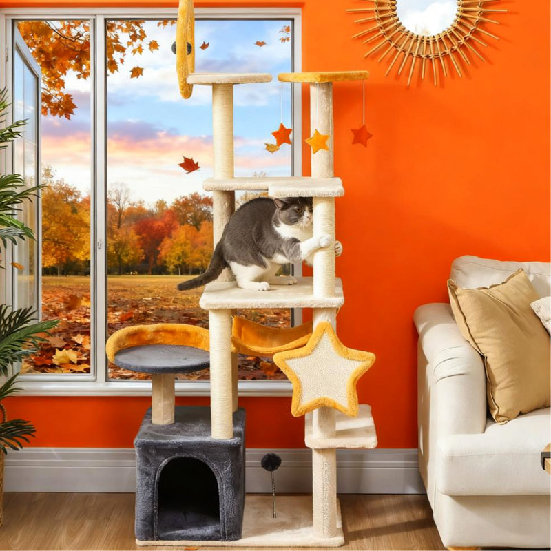 Arbre à chat 63 pouces en forme de lune et d'étoiles, lit, planche à gratter, confort, base solide, conception à embouts, pour 1 2 chats de moins de 11 lb avec thème, poteaux multiples, fabrication, convenable