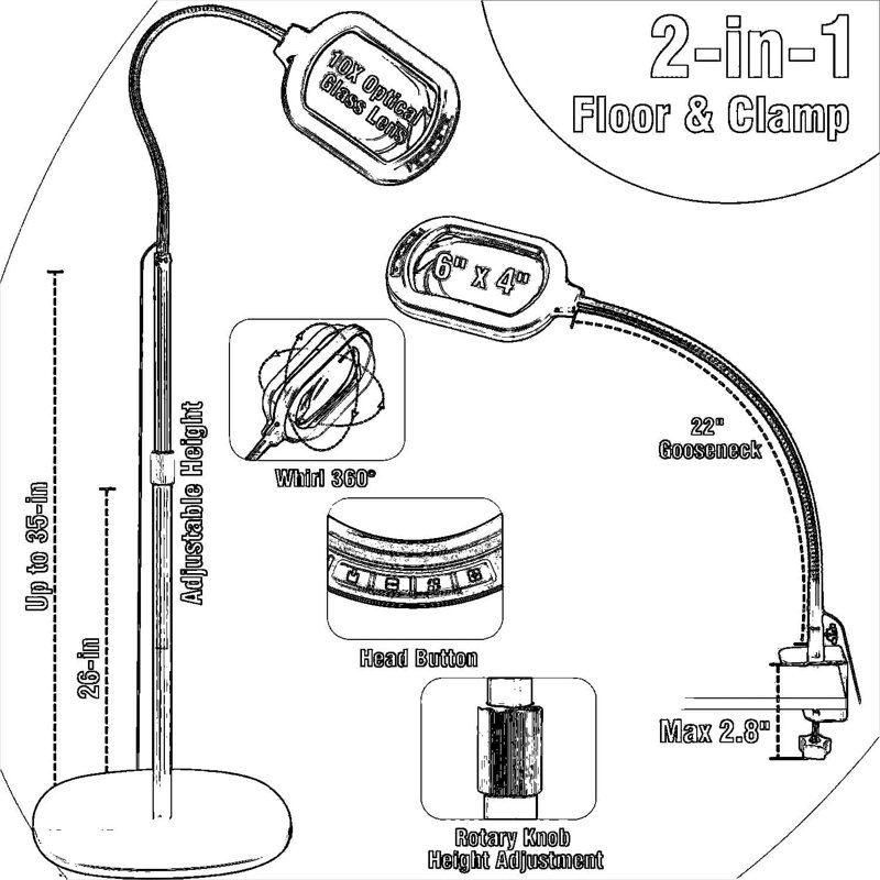 Lampe sur pied grossissante avec lumière et support, lentille en verre véritable optique 10X, col-de-cygne et hauteur réglables, 5 modes de couleurs à DEL à intensité variable pour l'artisanat, la lecture et le travail rapproché