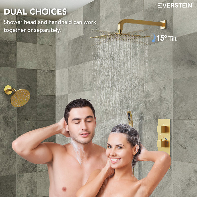 Thermostatic Dual Showerheads System, Wall Mount 12" High-Pressure Rainfall Shower Faucet with Handheld Spray , Brushed Gold