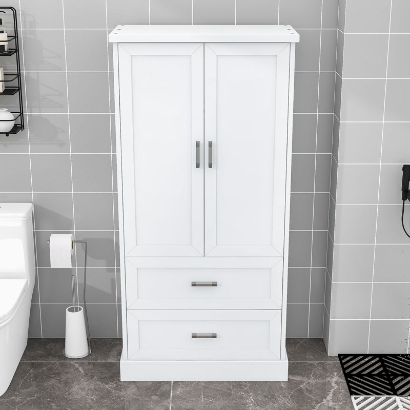 Grande armoire de rangement autoportante pour salle de bain avec tablette réglable, tiroirs et dispositif anti-basculement