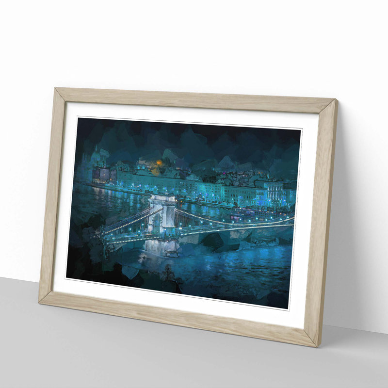 Chain Bridge in Budapest in Abstract - Picture Frame Painting Print, 48cm H x 65cm W x 2cm D, Oak Framed