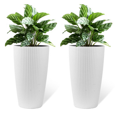 Set Of 2 Faux Rattan Tall Planters Outdoor Indoor Large Planters With Water Level Monitor Inner Bucket, Automatic Watering, Flower Plant Pots For Garden, Patio, Porch, Backyard (22 Inch )