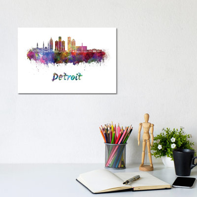 Detroit Skyline In Watercolor II by Paul Rommer - Wrapped Canvas Graphic Art