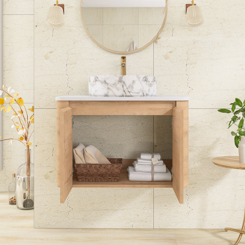 Meuble-lavabo mural simple 29,5 po avec dessus en pierre reconstituée, Imitative Oak