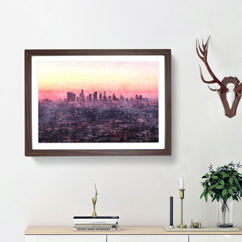 'Los Angeles Skyline in the Morning' - Picture Frame Graphic Art Print, 45cm H x 63cm W x 2cm D, Walnut Framed