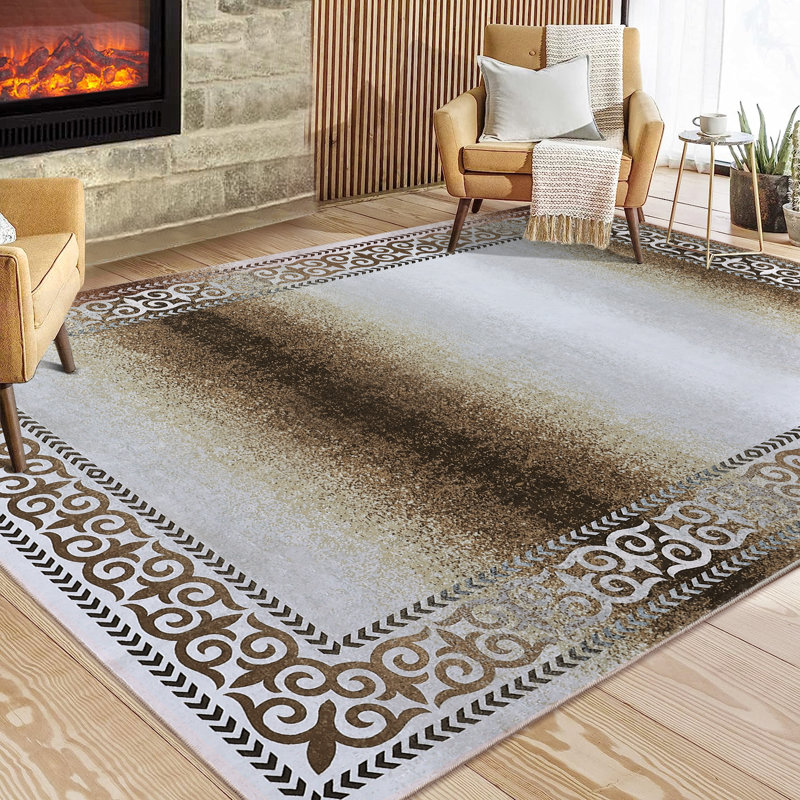 Machine Washable Rugs Bordered Design Modern Non-Slip Low Pile Rubber Backing Ombre Area Rug for Living Room Bedroom Kitchen Dining Room