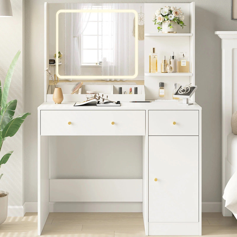 Vanity Table with LED Light Mirror, Built-In Power Strip, 5 Drawers & Shelves, White Makeup Desk for Bedroom