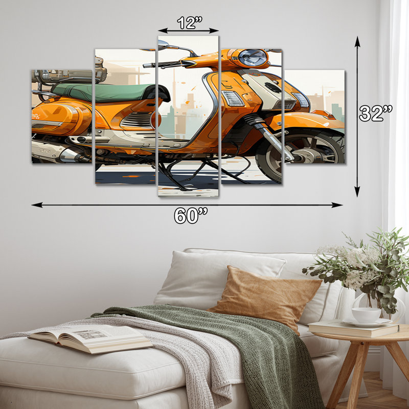  «Orange Scooter Caf Racer - Décoration murale transport - 5 panneaux