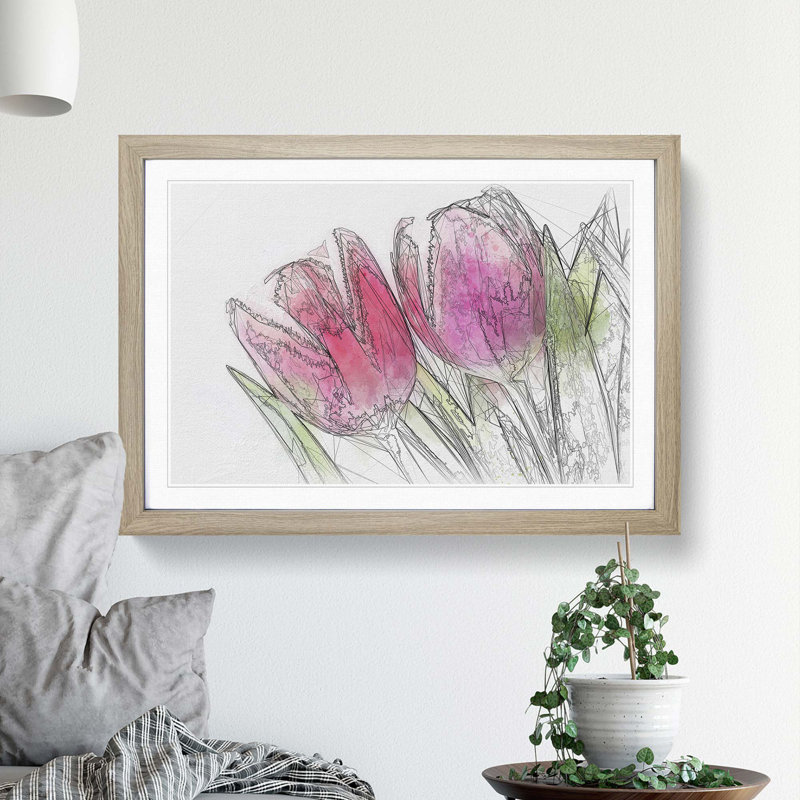 Pair of Pink Tulip Flowers in Abstract - Picture Frame Drawing Print, Oak Framed, 62cm H x 87cm W x 2cm D