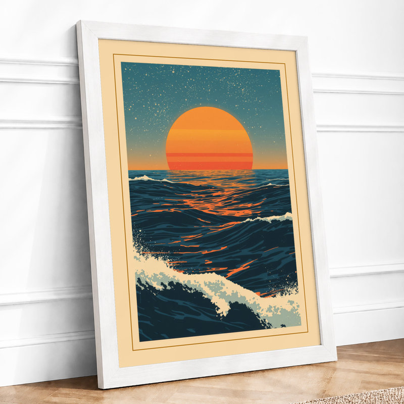 Sun Over Waves Coastal - Framed Print, A4 - 29.7 x 21.0 cm, White