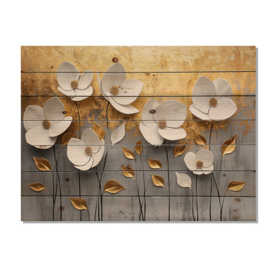 White And Gold Wildflowers Pure Form Of Marble II - Poppy Wood Wall Art - On Natural Pine Wood