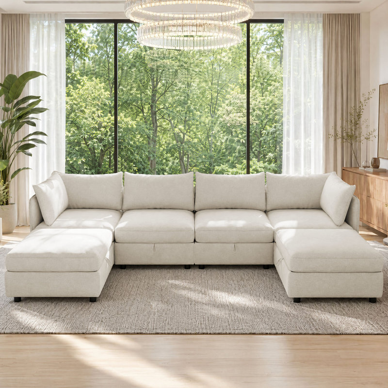 Canapé modulaire en U pour 6 personnes, flexible et personnalisable, avec rangement sous le siège, Chenille beige