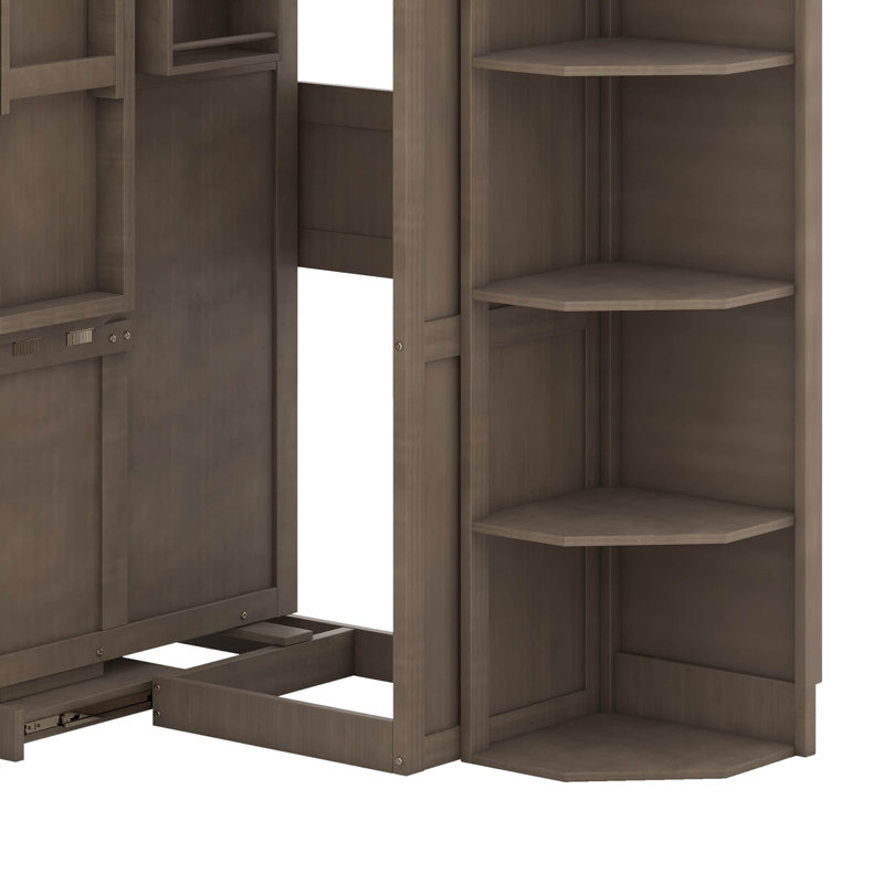 Grand lit escamotable rotatif avec armoire murale cachée, tablettes latérales à 3 niveaux, bureau convertible et supports de rangement supplémentaires