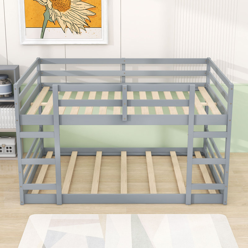 Wooden Bunk Bed With Slats And Ladder, Gray, Full over Full