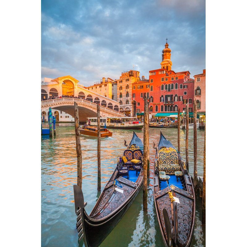 Canal Grande With Gondolas And Rialto Bridge At Sunset, Venice, Italy - Wrapped Canvas Print, 122cm H x 81cm W