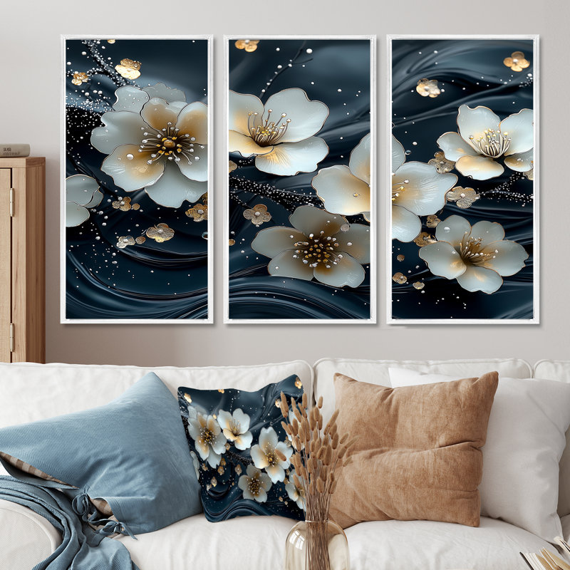 Ensemble de salon art mural blanc et blanc Blooming Marble Flowers River IV - Poppies, Toile encadrée flottée blanche