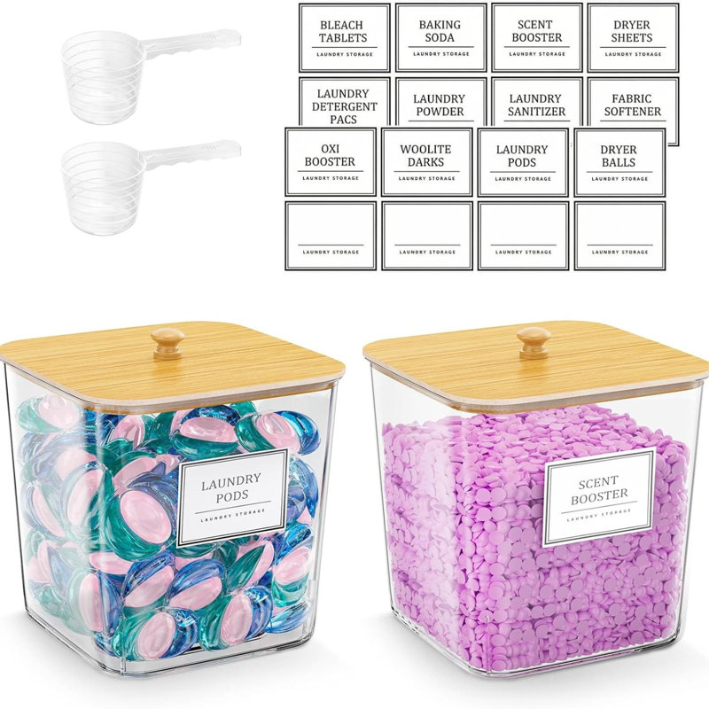 2-pack Laundry Storage Containers With Wooden Lids And Labels, 0.66 Gallon