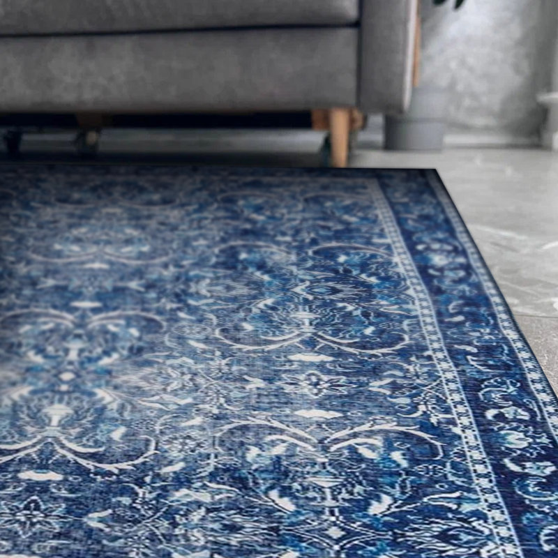 Tapis décoratif bleu à motif tissé rétro, Rectangle 3 pi 10 po x 5 pi 3 po