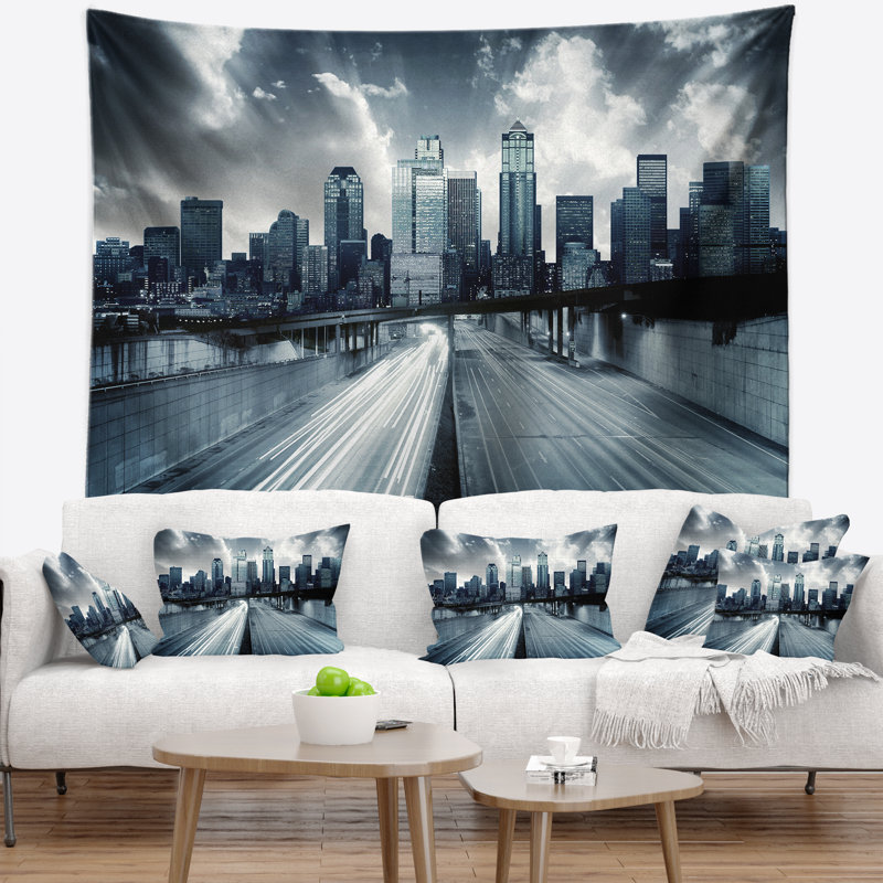 Tapisserie cityscape city avec teinte bleu, H 50 po x l 60 po