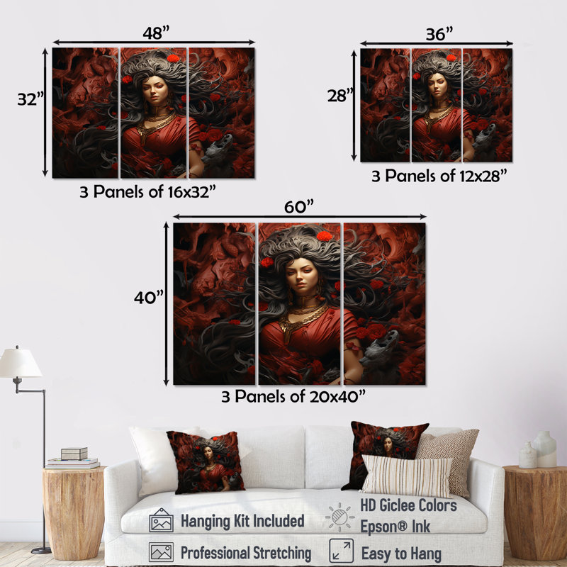 «Hindu Woman», Durgas Crimson Courage - ensemble d'art mural de l'hindouisme, Toile tendue, H 40 po x l 60 po