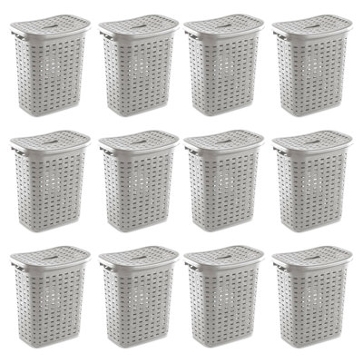 Sterilite Plastic Weave Laundry Hamper Slim Clothes Lidded Basket, Gray, 12-Pack
