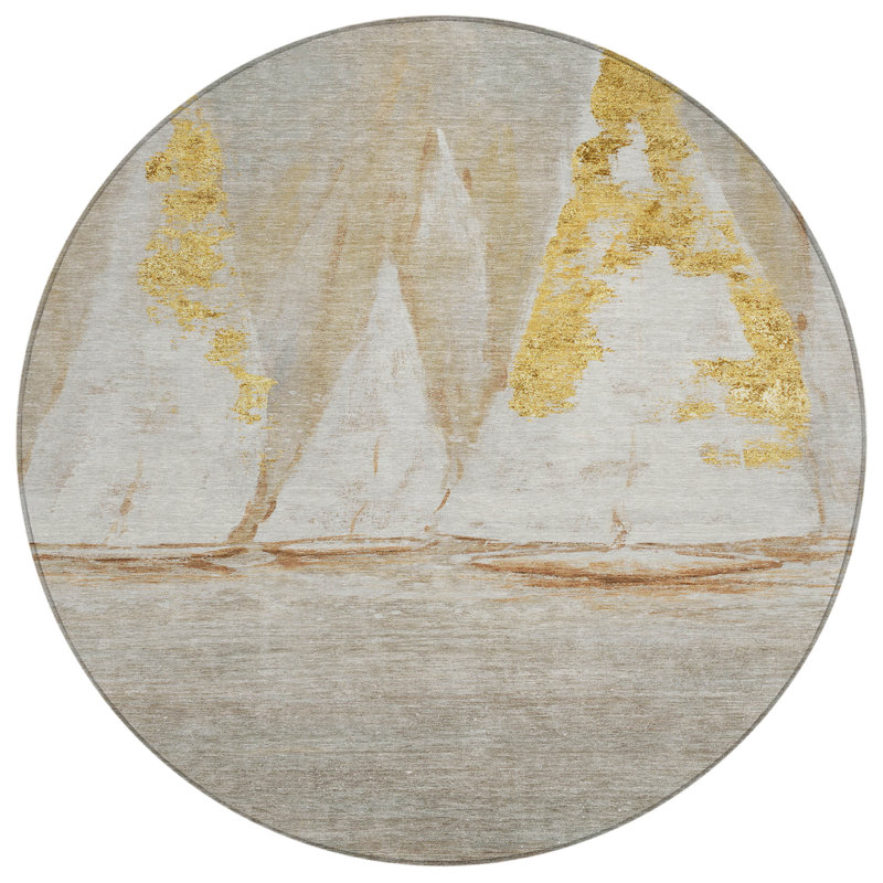 Machine Washable Indoor/Outdoor Xhevrie Taupe Rug, Round 8'