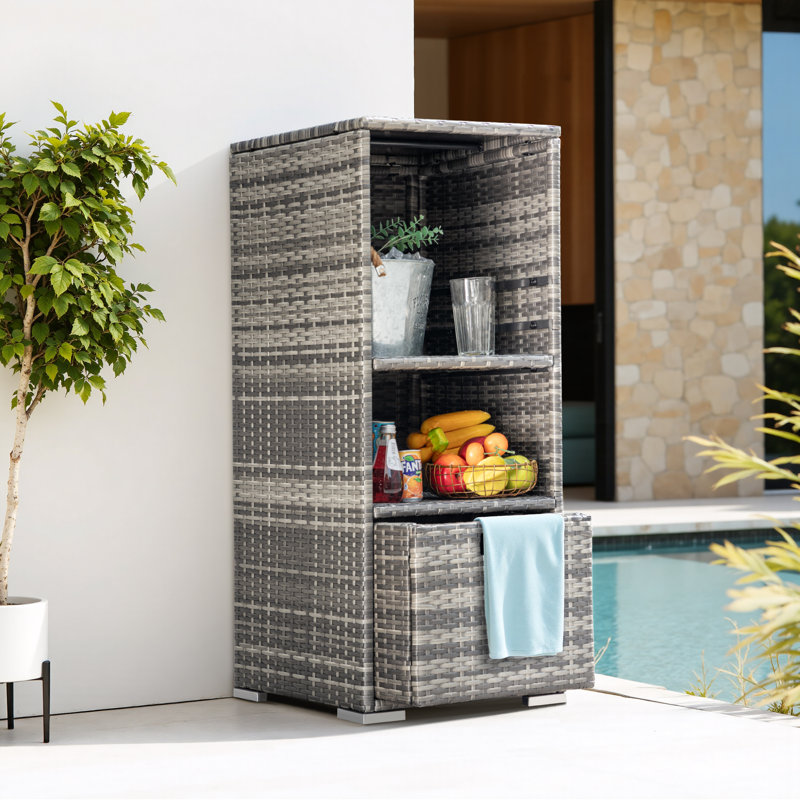 Rattan Pool Towel Rack Wicker Deck Box Waterproof Storage Organizer, Grey