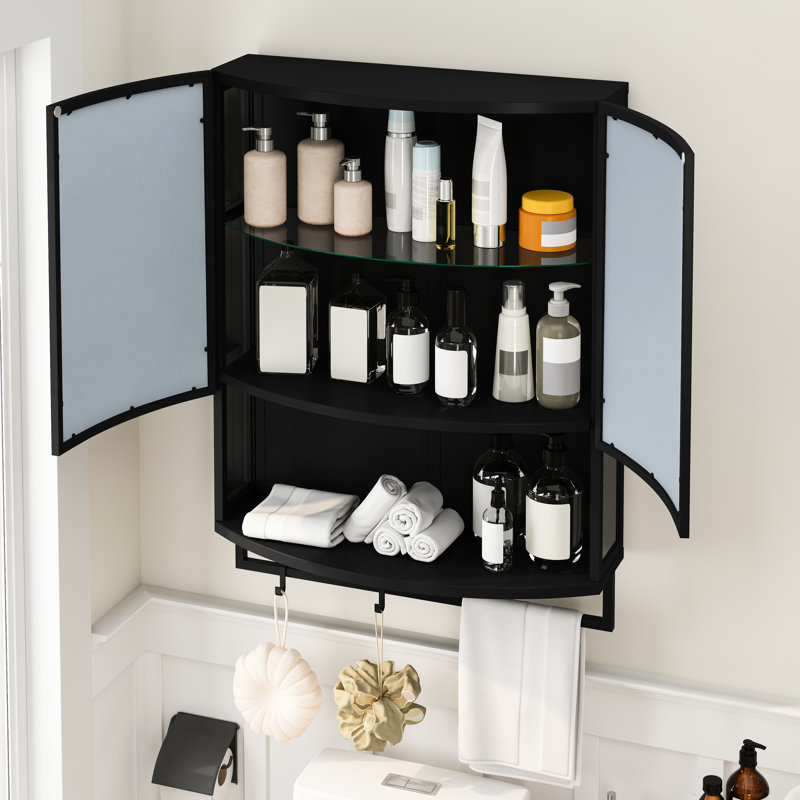 Garde-robe en verre arqué noir à double porte 23,63 po, miroir incassable, rangement en couches, tablette ouverte, salle de bain, peu encombrant, pratique, esthétique